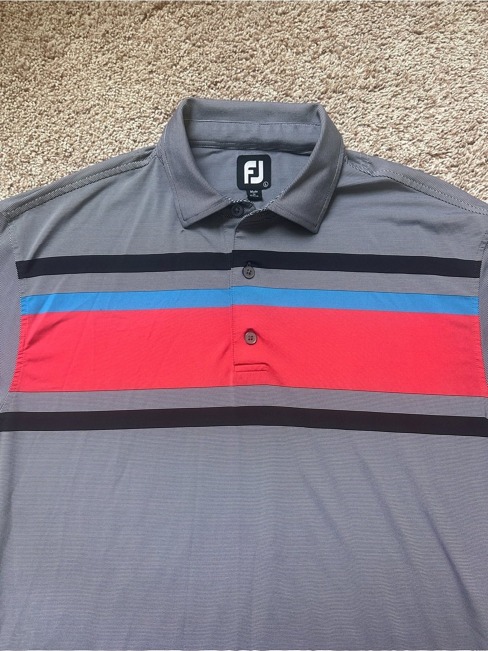 FootJoy FJ Men's Short Sleeve Golf Polo Shirt Gray Red Blue Striped Size Large